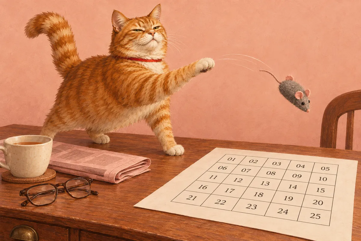 Illustration of the ginger cat flicking a toy mouse toward a numbered grid on a desk