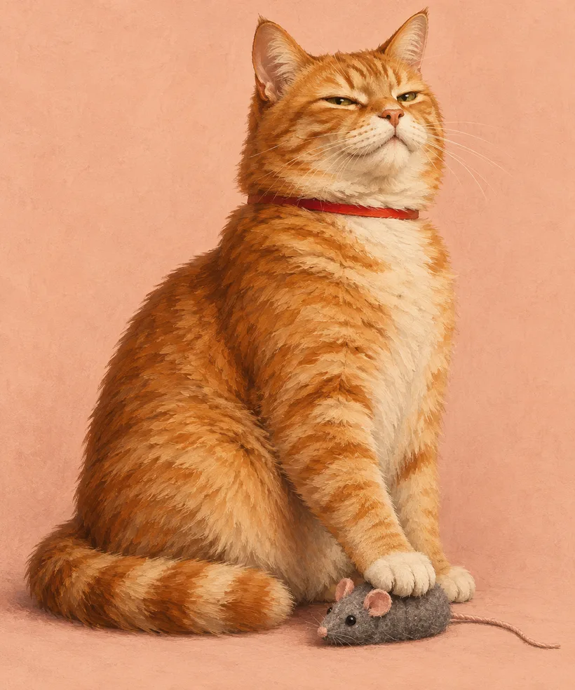 Painted portrait of a smug ginger tabby cat in a red collar, one paw resting on a grey toy mouse